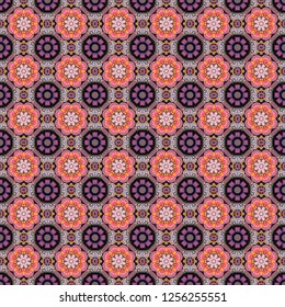 Vector oriental style in violet, pink and gray colors. Seamless pattern in ethnic traditional style. Abstract vintage pattern with decorative tiles pattern.