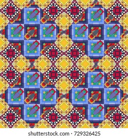 Vector oriental style in yellow, blue and violet colors. Seamless pattern in ethnic traditional style. Abstract vintage pattern with decorative tiles pattern.