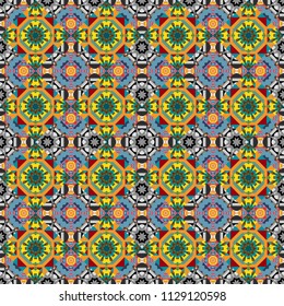 Vector oriental style in yellow, gray and blue colors. Seamless pattern in ethnic traditional style. Abstract vintage pattern with decorative tiles pattern.