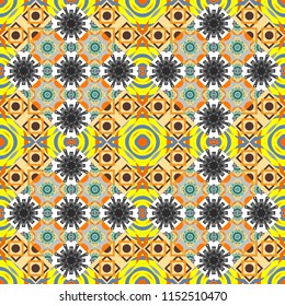 Vector oriental style in yellow, gray and blue colors. Seamless pattern in ethnic traditional style. Abstract vintage pattern with decorative tiles pattern.