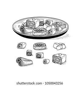 Vector Oriental traditional sweets in range. Dish with variety Asian ethnic confectionery product and desserts baklava Turkish delight nougat. Set sketch drawing engraving style