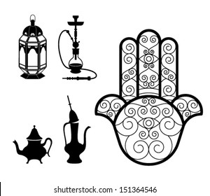 vector de objetos orientales y típicos aislados en blanco :Hookah, farol, Hamsa Hand (khomsa) y tetera