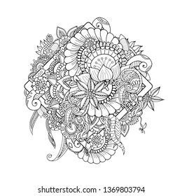 Vector oriental zentangle creative layout with zentangle equibana, adult colouring book page. Fantasy flowers inside white rhomb