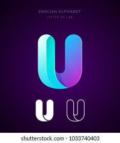 Vector origami alphabet. Letter U logo template. Material design, flat, line, glossy, twisted style
