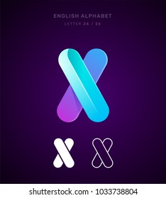 Vector origami alphabet. Letter X logo template. Material design, flat, line, glossy, twisted style