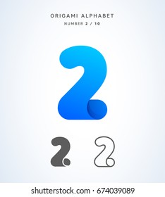Vector origami alphabet. Number 2 logo template