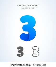 Vector origami alphabet. Number 3 logo template