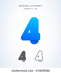 Vector origami alphabet. Number 4 logo template