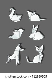 Vector origami animals and birds low poly icon logo set. 