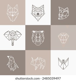 Vector origami animals set. Linear origami icons.