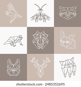 Vector origami animals set. Linear origami icons.