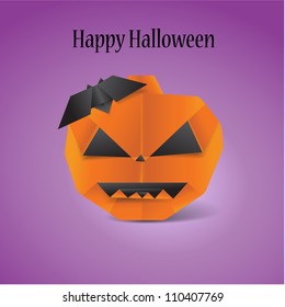 Vector origami bat and halloween pumpkin  - greeting card