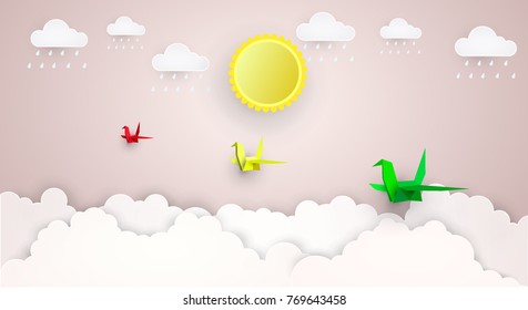 Vector origami bird flying on the sky with cloud.paper art  graphic design