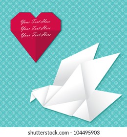 Vector origami bird with heart shape speech bubble on polka dots background. Japanese traditional design of animal