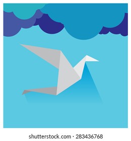 Vector origami birds flying in the sky, a beautiful gray and white clouds