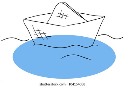 Vector origami boat on a blue waves background