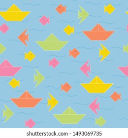Vector Origami Boats and Fish in Orange Pink Green Yellow Seamless Repeat Pattern