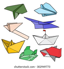 vector origami boats, planes, car and space ship