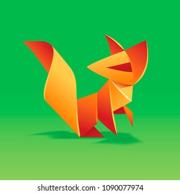 Vector origami cute Fox. Paper geometric abstract symbol of animal on green background