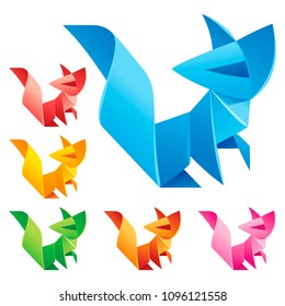 Vector origami cute Fox set. Paper geometric abstract symbol of animal. Collection of icons: red, orange, yellow, green, blue and pink isolated on white background