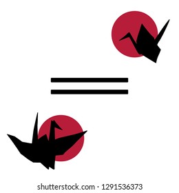 Vector origami design in minimalism style. Poster, letterhead, or flyer template with black paper birds on Japan red circles on white background