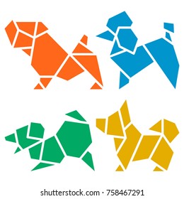 Juego de iconos de perros de origen vectorial. Resumen Signo de raza de perro poeta baja silhouette aislada en blanco. Emblema de arte plegable con papel de mano libre. Diseño del logotipo geométrico de la plantilla. Símbolo de Año Nuevo chino 2018