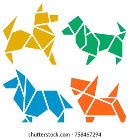 Vector Origami Dogs Icon Set. Abstract Low Poly Pet Dog Breed Sign Silhouette Isolated on White. Freehand Drawn Paper Folding Art Emblem. Template Geometric Logo Design. 2018 Chinese New Year Symbol