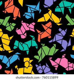 Vector Origami Dogs Seamless Background. Abstract Low Poly Pet Dog Breed Sign Silhouette Pattern Isolated on Black. Abstract Animal Geometric Wallpaper Design. 2018 Chinese New Year Symbol