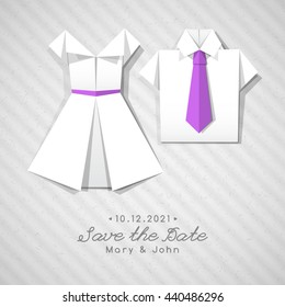 vector origami dress and shirt, wedding invitation template