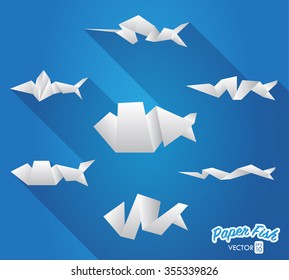 Vector origami fishes set with blue background
