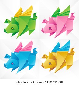 Vector Origami Fliegender Schweinesatz. Geometrische Symbole von Papier Piglet mit Flügeln auf weißem Hintergrund. Abstrakte Symbole von Tieren für Aufkleber, Emblem oder chinesische Neujahrsdekoration 2019