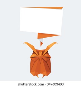Vector origami isolated animal. Cute triangle sleeping Owl with text balloon