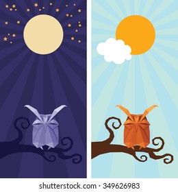 Vector origami isolated animal. Cute triangle sleeping Owl with sun,  stars and moon on night and day sky
