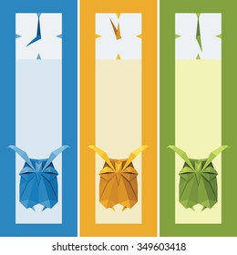 Vector origami isolated animal. Set cute triangle sleeping Owl with clocks