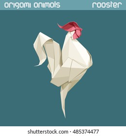 Vector origami isolated animal. White triangle Rooster.