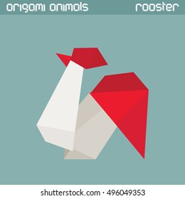 Vector origami isolated animal. White triangle Rooster.