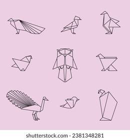 Vector origami line illustrations of birds