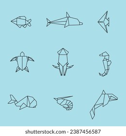 Vector origami line illustrations of water sea animals, creatures