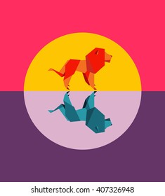 Vector origami lion, reflected in water, sunset on the background. Pastel colors, polygonal simple geometric style.