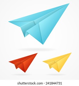 Vector origami paper blue, red, yellow airplane on white background isolated