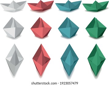 vector origami paper boat from different positions