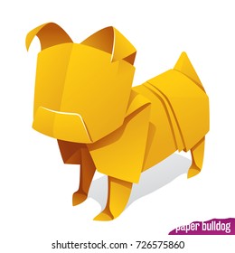 Vector origami paper dog. Yellow bulldog or pug icon isolated on white background. Concept of natural pet food or 2018 Chinese New Year symbol