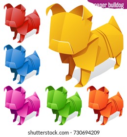 Vector origami paper dogs. Yellow, red, orage, blue, green and pink bulldog or pug icons isolated on white background. Concept of natural pet food or 2018 Chinese New Year symbol