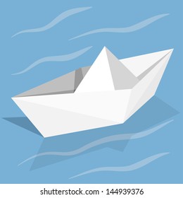 Vector origami paper ship on blue background