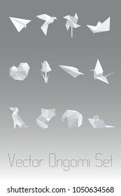 Vector origami set with planes, flower, windmill, animals and paper boats 