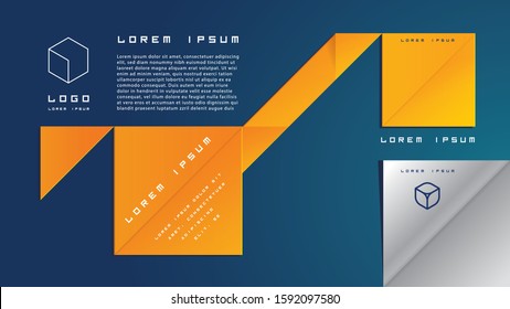 Vector origami style banner template, deep blue background with orange shapes.