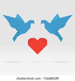 vector origami technique in the form of a dove blue next to the red heart