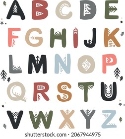 Vector original alphabet in Scandinavian style. Ethnic letters for teaching children. Hand-drawn forest alphabet in pastel colors