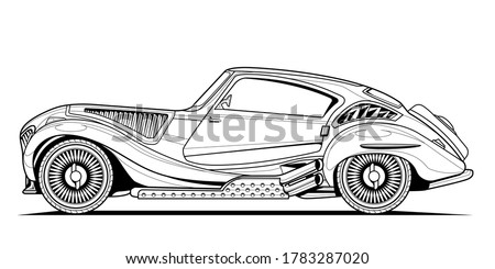 Vector original classic car illustration coloring book page for adult drawing. Line art on paper, outlines vehicle. Graphic element. Wheel. Black contour sketch illustrate Isolated on white background
