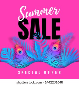 Vector original colorful banner with blue tropical leaves and peacock feathers under wavy paper cut and text Summer Sale on pink background. 